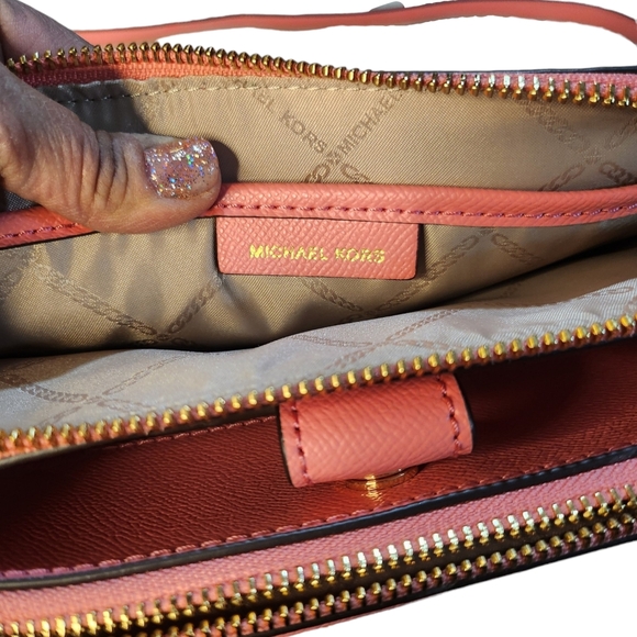 Michael Kors Houston Leather Double Zipper Crossbody Handbag In Grapefruit - Picture 9 of 13